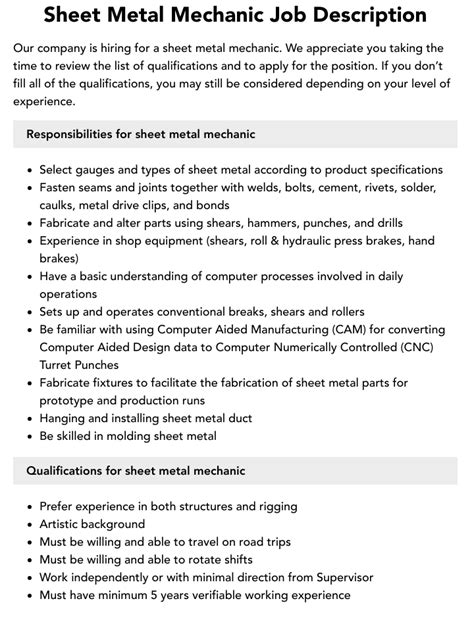 sheet metal mechanic job description|sheet metal mechanic job duties.